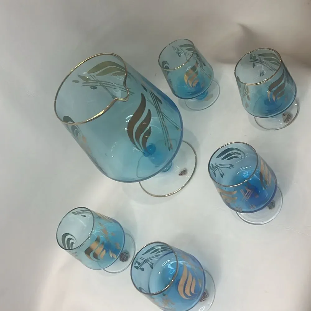Italy Bar Spout Pitcher 5 Glass Vintage Cobalt Venetian Blue Hand Painted Gold